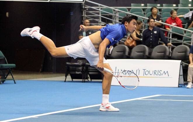 December 26, 2019 - Brandon Nakashima serves during the Hawaii Open invitational tournament match between Christian Harrison (USA) and Brandon Nakashima (USA) at the Stan Sheriff Center in Honolulu, HI - CSM. Tennis 2019: Hawaii Open DEC26 - ZUMAc04_ 20191226_zaf_c04_128 Copyright: xMichaelxSullivanx