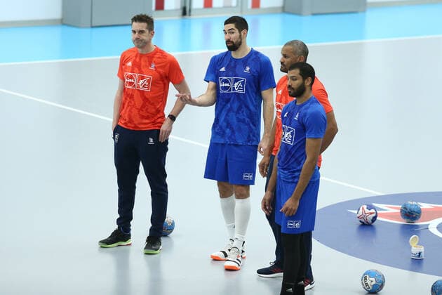 Handball WM, Frankreich Training Guillaume Gille (France) Nikola Karabatic (France) Didier Dinart (France) Nicolas Claire (France) HANDBALL : Entrainement Equipe de France masculine - Preparation EHF EURO 2020 - 27 12 2019 KevinDomas Panoramic 