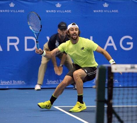 December 27, 2019 - Jordan Thompson hits a return shot during the Hawaii Open invitational tournament match between Sam Querrey (USA) and Jordan Thompson (Australia) at the Stan Sheriff Center in Honolulu, HI - CSM. Tennis 2019: Hawaii Open DEC27 - ZUMAc04_ 20191227_zaf_c04_103 Copyright: xMichaelxSullivanx