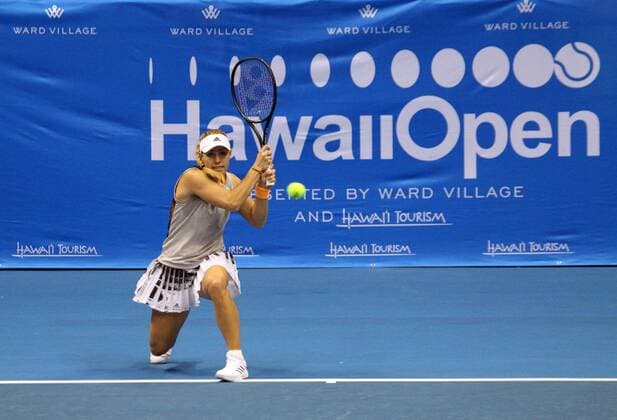December 27, 2019 - Angelique Kerber hits a return shot at the Hawaii Open invitational tournament match between Misaki Doi (Japan) and Angelique Kerber (Germany) at the Stan Sheriff Center in Honolulu, HI - CSM Tennis 2019: Hawaii Open DEC27 - ZUMAc04_ 20191227_zaf_c04_254 Copyright: xMichaelxSullivanx