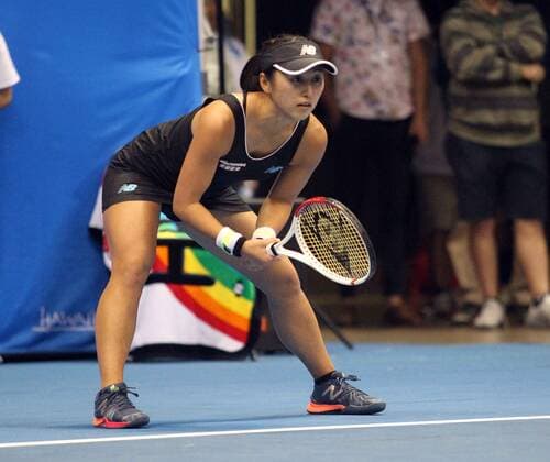 December 27, 2019 - Misaki Doi awaits serve at the Hawaii Open invitational tournament match between Misaki Doi (Japan) and Angelique Kerber (Germany) at the Stan Sheriff Center in Honolulu, HI - CSM Tennis 2019: Hawaii Open DEC27 - ZUMAc04_ 20191227_zaf_c04_273 Copyright: xMichaelxSullivanx