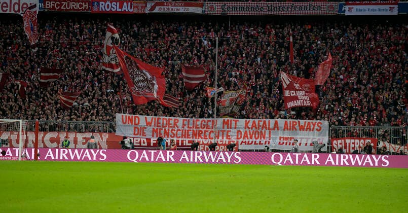 21 12 2019, Soccer 1 Bundesliga 2019 2020, 17 Matchday, FC Bayern Munich VfL Wolfsburg, at the Allianz Arena Munich And again with KAFALA Airways the human rights fly with KAFALA Airways the banner of the Bavarian fans against Qatar Airways from Qatar the Bavarian sponsor DFL and DFB regulations prohibit any use of photographs as image sequences and or quasi video