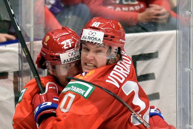 Pavel Dorofeyev, left, and Dmitri Voronkov of Russia celebrate a goal during the 2020 IIHF World Junior Ice hockey, Eishockey Championships Group B match between Russia and Canada in Ostrava, Czech Republic, on December 28, 2019. (CTKxPhoto JaroslavxOzana) CTKPhotoP201912280445901  _JAO1016