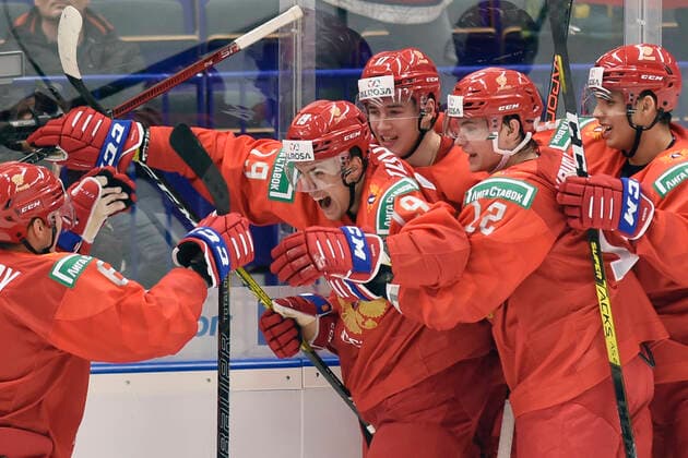 Players of Russia celebrate a goal during the 2020 IIHF World Junior Ice hockey, Eishockey Championships Group B match between Russia and Canada in Ostrava, Czech Republic, on December 28, 2019. (CTKxPhoto JaroslavxOzana) CTKPhotoP201912280488501  JAO 14