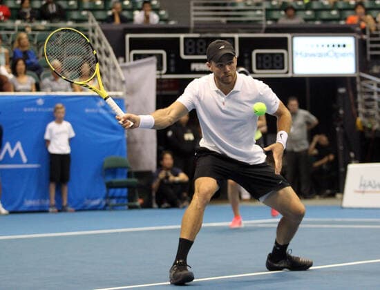 December 28, 2019 - Christian Harrison hits a return shot in a mixed doubles exhibition match at the Hawaii Open invitational tournament between teams Danielle Collins Sam Querrey and Yanina Wickmayer Christian Harrison at the Stan Sheriff Center in Honolulu, HI - CSM Tennis 2019: Hawaii Open DEC28 - ZUMAc04_ 20191228_zaf_c04_501 Copyright: xMichaelxSullivanx