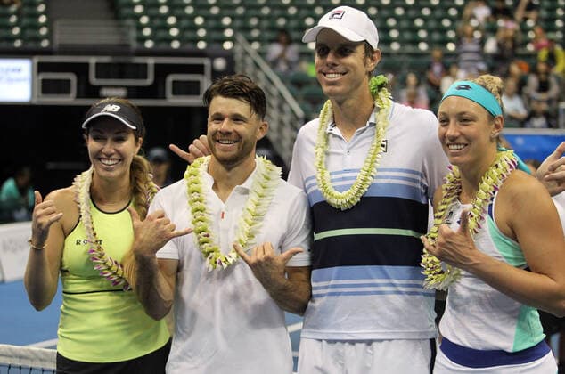 December 28, 2019 - Participants all pose after a mixed doubles exhibition match at the Hawaii Open invitational tournament between teams Danielle Collins Sam Querrey and Yanina Wickmayer Christian Harrison at the Stan Sheriff Center in Honolulu, HI - CSM Tennis 2019: Hawaii Open DEC28 - ZUMAc04_ 20191228_zaf_c04_539 Copyright: xMichaelxSullivanx