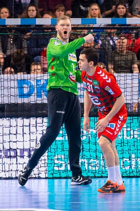 Stuttgart, Germany 29 December 2019 HBL 19 20 TVB 1898 Stuttgart vs. Füchse Berlin Goalkeeper Johannes Bitter Stuttgart Jubilation Joy Emotion, Tim Matthes Berlin Stuttgart Porsche Arena Baden Württemberg Germany