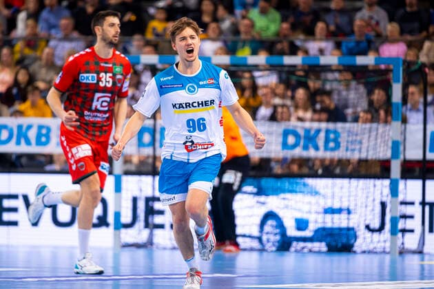 Stuttgart, Germany 29 December 2019 HBL 19 20 TVB 1898 Stuttgart vs. Füchse Berlin Tim Roman Wieling Stuttgart , Marko Kopljar Berlin Stuttgart Porsche Arena Baden Württemberg Germany