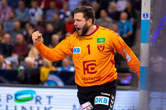 Stuttgart, Germany 29 December 2019 HBL 19 20 TVB 1898 Stuttgart vs. Füchse Berlin goalkeeper Martin Ziemer Berlin cheering joy emotion Stuttgart Porsche Arena Baden Württemberg Germany