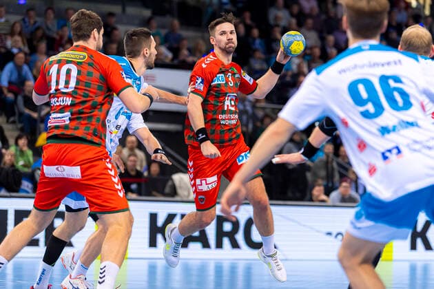 Stuttgart, Germany 29 December 2019 HBL 19 20 TVB 1898 Stuttgart vs. Füchse Berlin vs. li Jakov Gojun Berlin , Dominik Weiss Stuttgart , Fabian Wiede Berlin Stuttgart Porsche Arena Baden Württemberg Germany