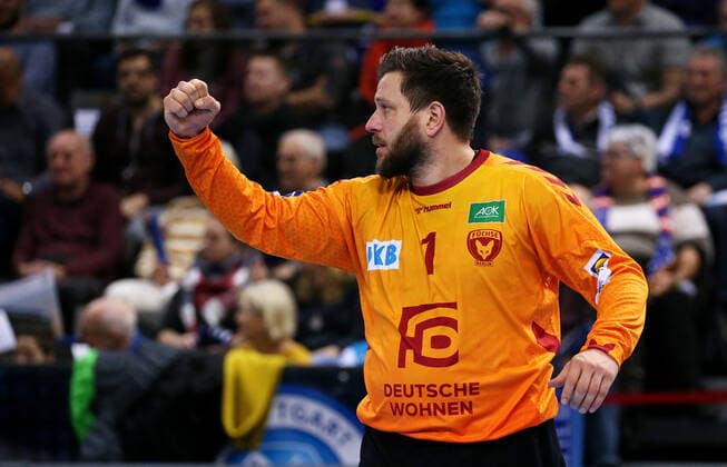 29 12 2019, Germany, Stuttgart, Handball 1 Bundesliga Season 2019 2020 TVB 1898 Stuttgart vs. Füchse Berlin Martin Ziemer Berlin cheers and balls the fist