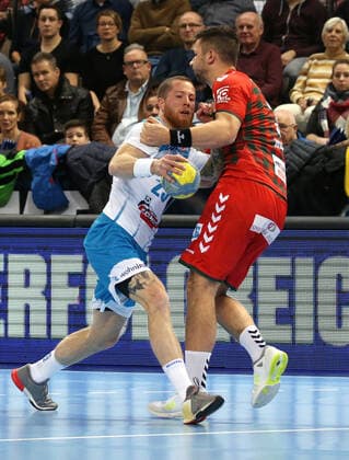 29 12 2019, Germany, Stuttgart, Handball 1 Bundesliga season 2019 2020 TVB 1898 Stuttgart vs. Füchse Berlin v l Patrick Zieker TVB , Fabian Wiede Berlin