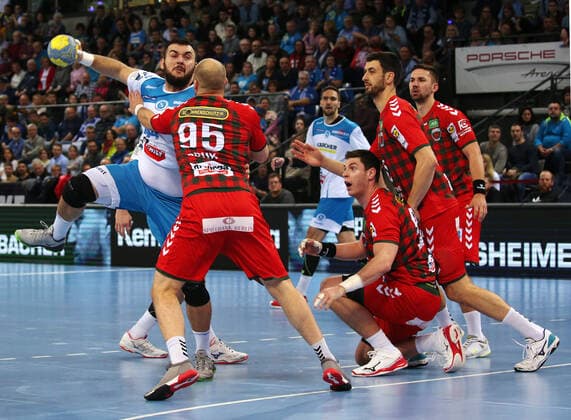 29 12 2019, Germany, Stuttgart, Handball 1 Bundesliga season 2019 2020 TVB 1898 Stuttgart vs. Füchse Berlin v l Zarko Peshevski TVB , Paul Drux Berlin