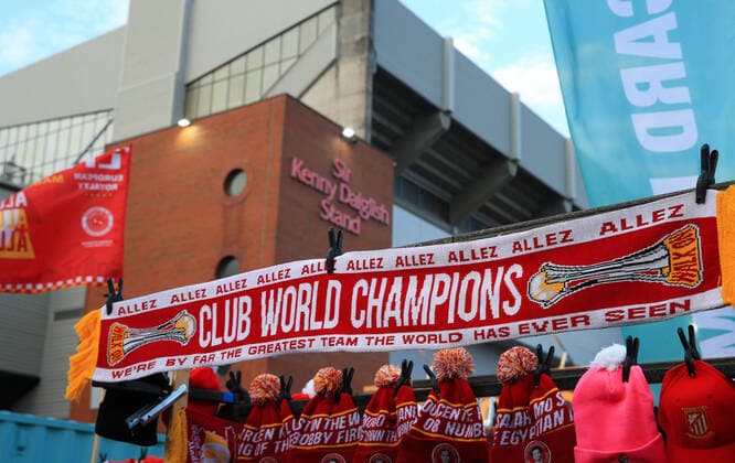 29th December 2019; Anfield, Liverpool, Merseyside, England; English Premier League Football, Liverpool versus Wolverhampton Wanderers; a Liverpool scarf commemorating the club s recent success in the Club World Championship, WM, Weltmeisterschaft on merchandising stand outside the Kop - Strictly Editorial Use Only. No use with unauthorized audio, video, data, fixture lists, club league logos or live services. Online in-match use limited to 120 images, no video emulation. No use in betting, games or single club league player publications  ActionPlus12199115 DavidxBlunsden