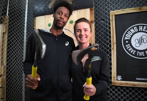 BRISBANE INTERNATIONAL 2020 MEDIA OPP, Ukrainian tennis player Elina Svitolina and her partner, French player Gael Monfils, pose with throw axes during a media opportunity at Maniax Axe Throwing in Brisbane, Monday, December 30, 2019. The Brisbane International Tennis Tournament will take place at the Queensland Tennis Centre from January 6-12, 2020. ( NO ARCHIVING, EDITORIAL USE ONLY, NO USE IN BOOKS WITHOUT CONSENT BRISBANE QLD AUSTRALIA  Copyright: xDANxPELEDx 20191230001439754717