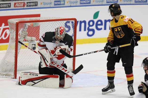 L-R Joel Hofer (CAN) and Taro Jentzsch (GER) in action during the 2020 IIHF World Junior Ice hockey, Eishockey Championships Group B match between Germany and Canada in Ostrava, Czech Republic, on December 30, 2019. (CTKxPhoto PetrxSznapka) CTKPhotoP201912300465701  SZN 03