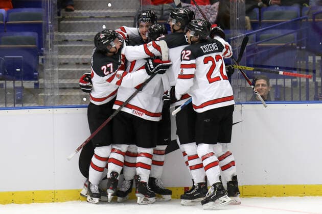 Nolan Foote (CAN), 2nd from left, celebrates his goal with team mates during the 2020 IIHF World Junior Ice hockey, Eishockey Championships Group B match between Germany and Canada in Ostrava, Czech Republic, on December 30, 2019. (CTKxPhoto PetrxSznapka) CTKPhotoP201912300467301  SZN 06