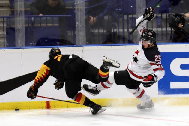 L-R Yannik Valenti (GER) and Aidan Dudas (CAN) in action during the 2020 IIHF World Junior Ice hockey, Eishockey Championships Group B match between Germany and Canada in Ostrava, Czech Republic, on December 30, 2019. (CTKxPhoto PetrxSznapka) CTKPhotoP201912300501001  SZN 09