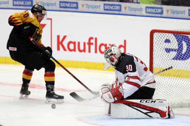 Sport Bilder des Tages L-R Justin Schutz (GER) and Joel Hofer (CAN) in action during the 2020 IIHF World Junior Ice hockey, Eishockey Championships Group B match between Germany and Canada in Ostrava, Czech Republic, on December 30, 2019. (CTKxPhoto PetrxSznapka) CTKPhotoP201912300504001  SZN 13