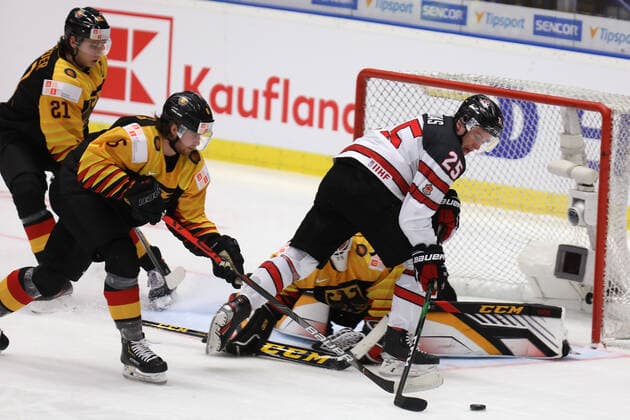 L-R MORITZ SEIDER, NIKLAS HEINZINGER, both of Germany and AIDAN DUDAS, HENDRIK of Canada and HANE of Germany in action during the 2020 IIHF World Junior Ice hockey, Eishockey Championships Group B match between Germany and Canada in Ostrava, Czech Republic, on December 30, 2019. (CTKxPhoto PetrxSznapka) CTKPhotoP201912300541201  SZN 20