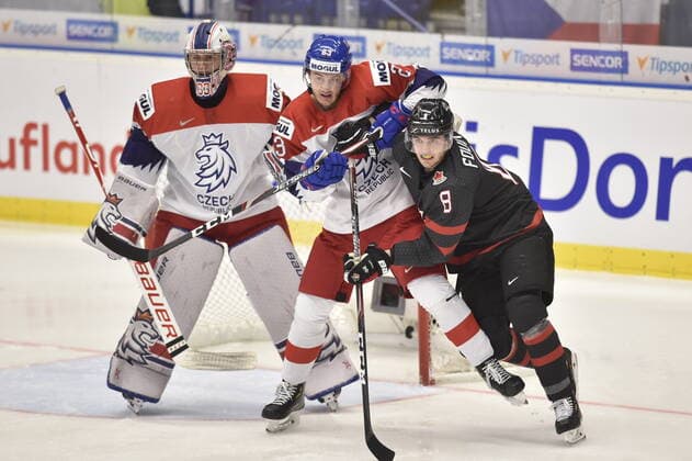L-R Lukas Parik (CZE), Simon Kubicek (CZE) and Liam Foudy (CAN) in action during the 2020 IIHF World Junior Ice hockey, Eishockey Championships Group B match between Canada and Czech Republic in Ostrava, Czech Republic, on December 31, 2019. (CTKxPhoto JaroslavxOzana) CTKPhotoP201912310552901  _JAO3176
