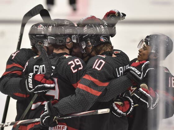 Canadian players celebrate second goal during the 2020 IIHF World Junior Ice hockey, Eishockey Championships Group B match between Canada and Czech Republic in Ostrava, Czech Republic, on December 31, 2019. (CTKxPhoto JaroslavxOzana) CTKPhotoP201912310560801  _JAO3329
