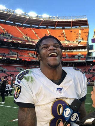 December 22, 2019, Cleveland, OH, USA: Baltimore Ravens quarterback Lamar Jackson has a laugh while giving a postgame television interview following a 31-15 win against the Cleveland Browns on December 22, 2019, at FirstEnergy Stadium in Cleveland. Peter Schmuck™s 2020 vision: Five things that would make the New Year bright - ZUMAm67_ 20191222_zaf_m67_091 Copyright: xKarlxMertonxFerronx