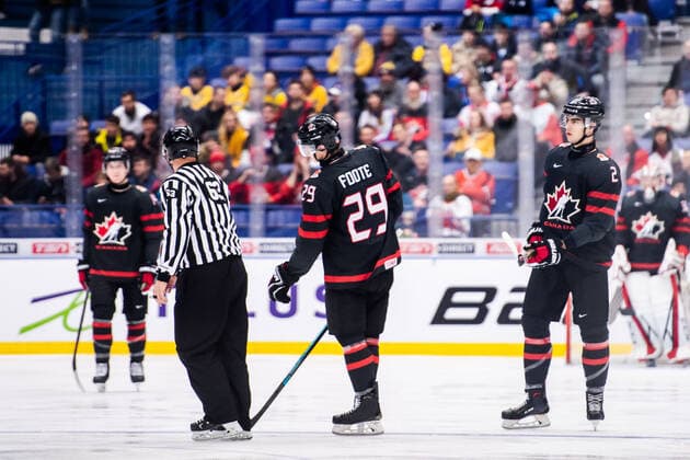 200102 Nolan Foote of Canada receives a game misconduct during the 2020 IIHF World Junior Championship quarterfinal between Canada and Slovakia on January 2, 2020 in Ostrava Photo Simon Hastegard BILDBYRAN kod SH 180169 ice hockey ice hockey u20 jvm jvm 2020 jvm 19 20 iihf world junior championship world juniors bbeng quarterfinal quarter final canada slovakia match penalty,  Copyright: SIMONxHASTEGARD BB200102BB060