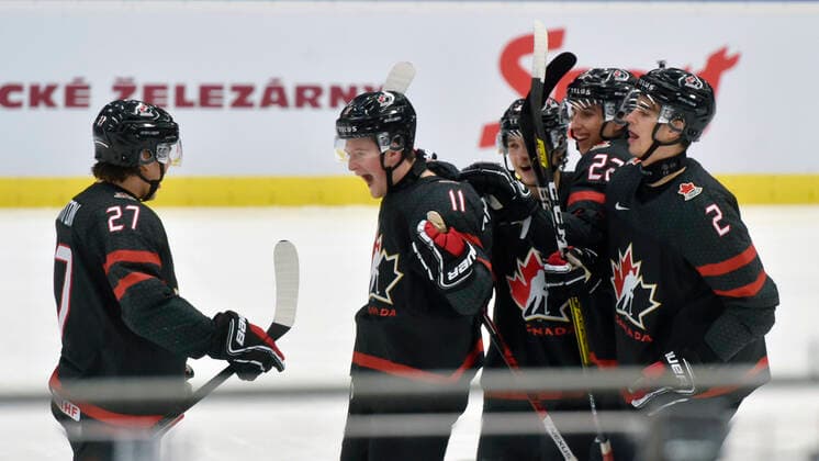 Barrett Hayton (CAN), left, celebrates a goal during the 2020 IIHF World Junior Ice hockey, Eishockey Championships quarterfinal match between Canada and Slovakia in Ostrava, Czech Republic, on January 2, 2020. (CTKxPhoto JaroslavxOzana) CTKPhotoP202001020407001  _JAO4131