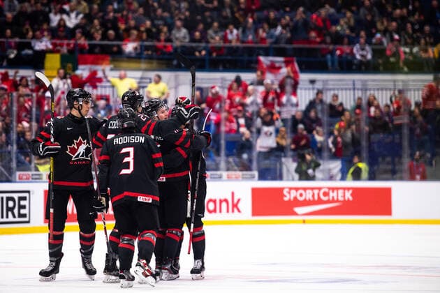 200102 Alexis Lafreniere of Canada celebrates the 1 0 goal by Barrett Hayton , not pictured, during the 2020 IIHF World Junior Championship quarterfinal between Canada and Slovakia on January 2, 2020 in Ostrava Photo Simon Hastegard BILDBYRAN kod SH 180169 ishockey ice hockey u20 jvm jvm 2020 jvm 19 20 iihf world junior championship world juniors bbeng kvartsfinal quarter final kanada slovakien jubel,  Copyright: SIMONxHASTEGARD BB200102BB073