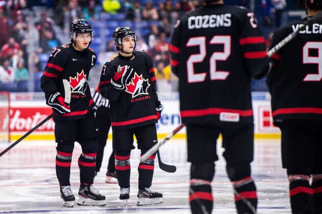 200102 Barrett Hayton celebrate with Calen Addison after the 6 0 goal during the 2020 IIHF World Junior Championship quarterfinal between Canada and Slovakia on January 2, 2020 in Ostrava Photo Simon Hastegard BILDBYRAN kod SH 180169 ishockey ice hockey u20 jvm jvm 2020 jvm 19 20 iihf world junior championship world juniors bbeng kvartsfinal quarter final kanada slovakien jubel,  Copyright: SIMONxHASTEGARD BB200102BB104