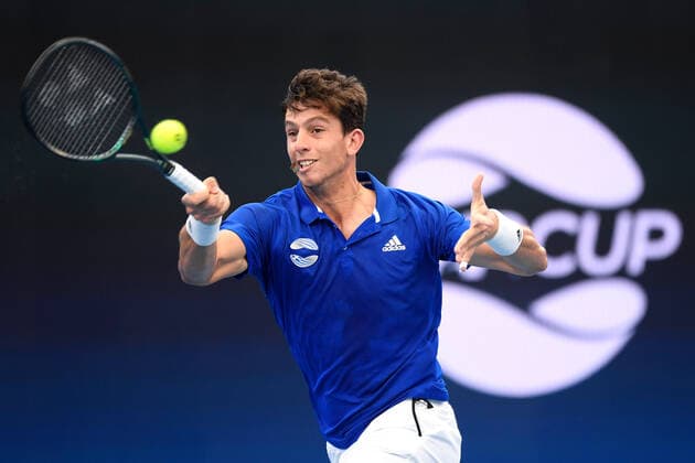 ATP, Tennis Herren CUP BRISBANE DAY 1, Michail Pervolarakis of Greece plays a forehand in his match against Felix Auger-Aliassime of Canada during day 1 of the ATP Cup tennis tournament at at Pat Rafter Arena in Brisbane, Friday, January 3, 2020. ( NO ARCHIVING, EDITORIAL USE ONLY, NO USE IN BOOKS WITHOUT CONSENT BRISBANE QLD AUSTRALIA  Copyright: xALBERTxPEREZx 20200103001440103045