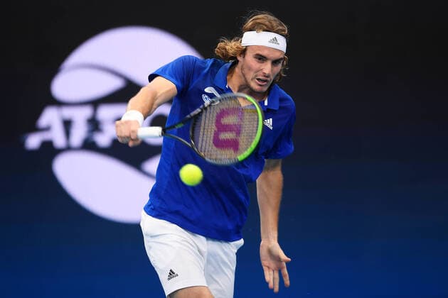Sport Bilder des Tages ATP, Tennis Herren CUP BRISBANE DAY 1, Stefanos Tsitsipas of Greece plays a backhand in his match against Denis Shapovalov of Canada during day 1 of the ATP Cup tennis tournament at at Pat Rafter Arena in Brisbane, Friday, January 3, 2020. ( NO ARCHIVING, EDITORIAL USE ONLY, NO USE IN BOOKS WITHOUT CONSENT BRISBANE QLD AUSTRALIA  Copyright: xALBERTxPEREZx 20200103001440107550