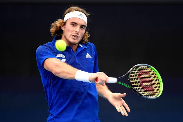 ATP, Tennis Herren CUP BRISBANE DAY 1, Stefanos Tsitsipas of Greece plays a backhand in his match against Denis Shapovalov of Canada during day 1 of the ATP Cup tennis tournament at at Pat Rafter Arena in Brisbane, Friday, January 3, 2020. ( NO ARCHIVING, EDITORIAL USE ONLY, NO USE IN BOOKS WITHOUT CONSENT BRISBANE QLD AUSTRALIA  Copyright: xALBERTxPEREZx 20200103001440107577