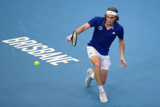 ATP, Tennis Herren CUP BRISBANE DAY 1, Stefanos Tsitsipas of Greece plays a backhand in his match against Denis Shapovalov of Greece during day 1 of the ATP Cup tennis tournament at at Pat Rafter Arena in Brisbane, Friday, January 3, 2020. ( NO ARCHIVING, EDITORIAL USE ONLY, NO USE IN BOOKS WITHOUT CONSENT BRISBANE QLD AUSTRALIA  Copyright: xALBERTxPEREZx 20200103001440121140