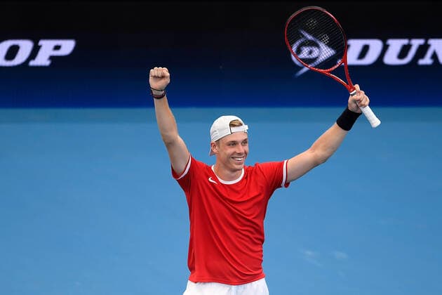 ATP, Tennis Herren CUP BRISBANE DAY 1, Denis Shapovalov of Canada celebrates defeating Stefanos Tsitsipas of Greece during day 1 of the ATP Cup tennis tournament at at Pat Rafter Arena in Brisbane, Friday, January 3, 2020. ( NO ARCHIVING, EDITORIAL USE ONLY, NO USE IN BOOKS WITHOUT CONSENT BRISBANE QLD AUSTRALIA  Copyright: xALBERTxPEREZx 20200103001440121369