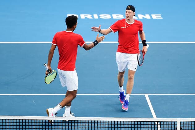 ATP, Tennis Herren CUP BRISBANE DAY 1, Felix Auger-Aliassime (left) and Denis Shapovalov of Canada shake hands after their victory in their doubles match against Michail Pervolarakis and Petros Tsitsipas of Greece during day 1 of the ATP Cup tennis tournament at at Pat Rafter Arena in Brisbane, Friday, January 3, 2020. ( NO ARCHIVING, EDITORIAL USE ONLY, NO USE IN BOOKS WITHOUT CONSENT BRISBANE QLD AUSTRALIA  Copyright: xALBERTxPEREZx 20200103001440133476