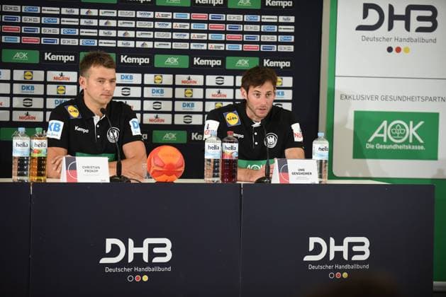 03 01 2019 Frankfurt am Main, Press conference to announce the German Handball Federations line-up for the EHF EURO 2020 Handball National Coach Christian Prokop with Handball National Player Uwe Gensheimer