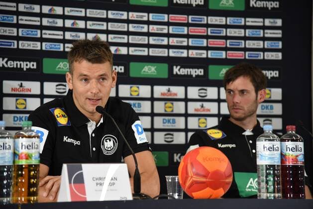 03 01 2019 Frankfurt am Main, Press conference to announce the German Handball Federations line-up for the EHF EURO 2020 Handball National Coach Christian Prokop with Handball National Player Uwe Gensheimer