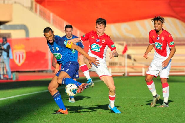 Fußball, Coupe de France, AS Monaco - Stade Reims Aleksandr Golovin (AS Monaco) - Yunis Abdelhamid (Stade de Reims) FOOTBALL : AS Monaco vs Stade de Reims - 32eme de finale de Coupe de France - Monaco - 04 01 2020 NorbertScanella PanoramiC 