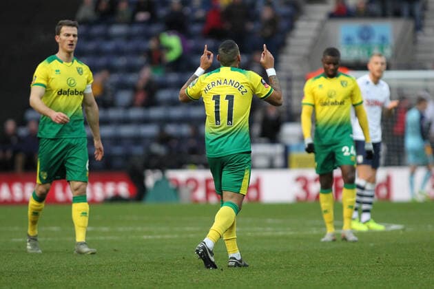 Preston North End v Norwich City FA Cup Onel Hernandez of Norwich City celebrates after scoring the second goal against Preston North End during the FA Cup match at Deepdale, Preston. Content Not Available For UK Newspapers Copyright: xMichaelxSedgwickx FIL-14015-0034