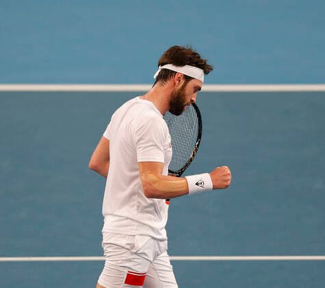 4th January 2020; RAC Arena, Perth, Western Australia; ATP, Tennis Herren Cup Australia, Perth, Day 2; Spain versus Georgia Nikoloz Basilashvili of Georgia fist pumps after winning a point against Rafael Nadal of Spain - Editorial Use  ActionPlus12200428 DavidxWoodley