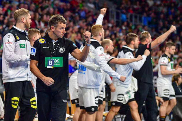 German Handball Federation DHB test match 04 01 2020, Germany Iceland, SAP Arena, Mannheim Christian Prokop Trainer, Germany Cheering Goal Success Action Emotions Trainer Coach, 04 01 2020, Mannheim Germany, Handball, International, Germany Iceland xshx