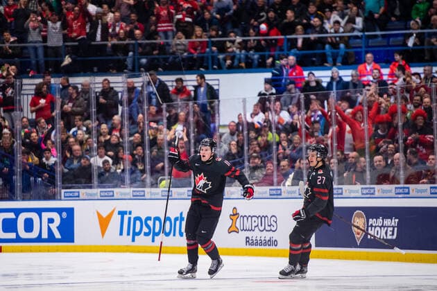 200104 Alexis Lafreniere and Barrett Hayton of Canada celebrates the 2 0 goal during the 2020 IIHF World Junior Championship semi final between Canada and Finland on January 4, 2020 in Ostrava Photo Simon Hastegard BILDBYRAN kod SH 180173 ishockey ice hockey u20 jvm jvm 2020 jvm 19 20 iihf world junior championship world juniors bbeng semifinal kanada jubel,  Copyright: SIMONxHASTEGARD BB200104ZO024
