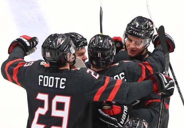 OSTRAVA, CZECH REPUBLIC - JANUARY 4, 2020: Canada s players celebrate scoring in the 2020 World Junior Ice hockey, Eishockey Championship semifinal match against Finland at Ostravar Arena. Peter Kovalev TASS  TS0C96C1