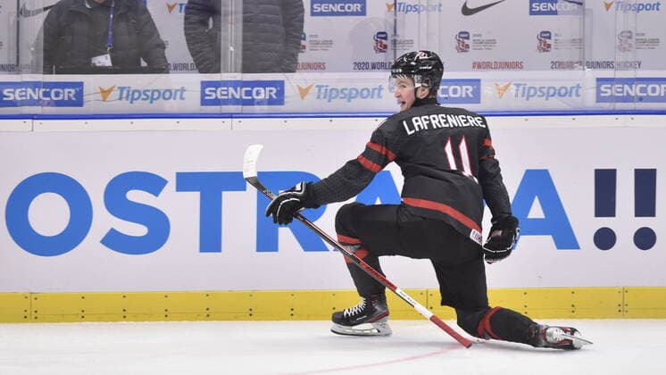 L-R ALEXIS LAFRENIERE of Canada in action during the 2020 IIHF World Junior Ice hockey, Eishockey Championships semifinal match between Canada and Finland in Ostrava, Czech Republic, on January 4, 2020. (CTKxPhoto JaroslavxOzana) CTKPhotoP202001040442701  _JAO6659