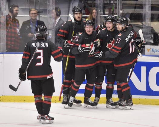 Hockey players of Canada celebrate a goal during the 2020 IIHF World Junior Ice hockey, Eishockey Championships semifinal match between Canada and Finland in Ostrava, Czech Republic, on January 4, 2020. (CTKxPhoto JaroslavxOzana) CTKPhotoP202001040459901  _JAO6813