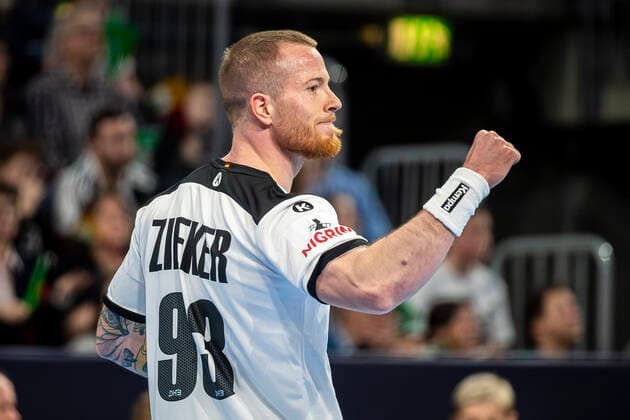 Mannheim, Germany 04 January 2020 Handball international match EM 2020 Germany vs. Iceland Patrick Zieker Germany TVB Stuttgart cheering joy emotion goal celebration scorer goal scorer Mannheim SAP Arena Baden Württemberg Germany