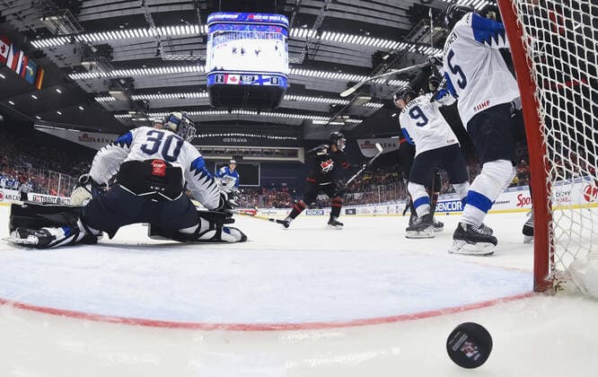 OSTRAVA, CZECH REPUBLIC - JANUARY 4, 2020: Finland s goalie Justus Annunen (L) concedes a goal in the 2020 World Junior Ice hockey, Eishockey Championship semifinal match against Canada at Ostravar Arena. Andrea Cardin HHOF-IIHF Images POOL TASS  TS0C96E5