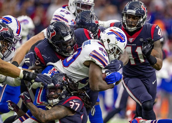 Bilder des Jahres 2020, Sport 01 Januar Sport Themen der Woche KW01 Sport Bilder des Tages January 4, 2020, Houston, Texas, USA: January 04, 2020 : Buffalo Bills running back Frank Gore (20) is tackled by Houston Texans defensive end D.J. Reader (98) and strong safety Jahleel Addae (37) at NRG Stadium in Houston, Texas. ZUMA Press. NFL, American Football Herren, USA Wildcard 2020 : Bills vs Texans Jan 04 - ZUMAl153 20200104_zap_l153_016 Copyright: xMariaxLysakerx